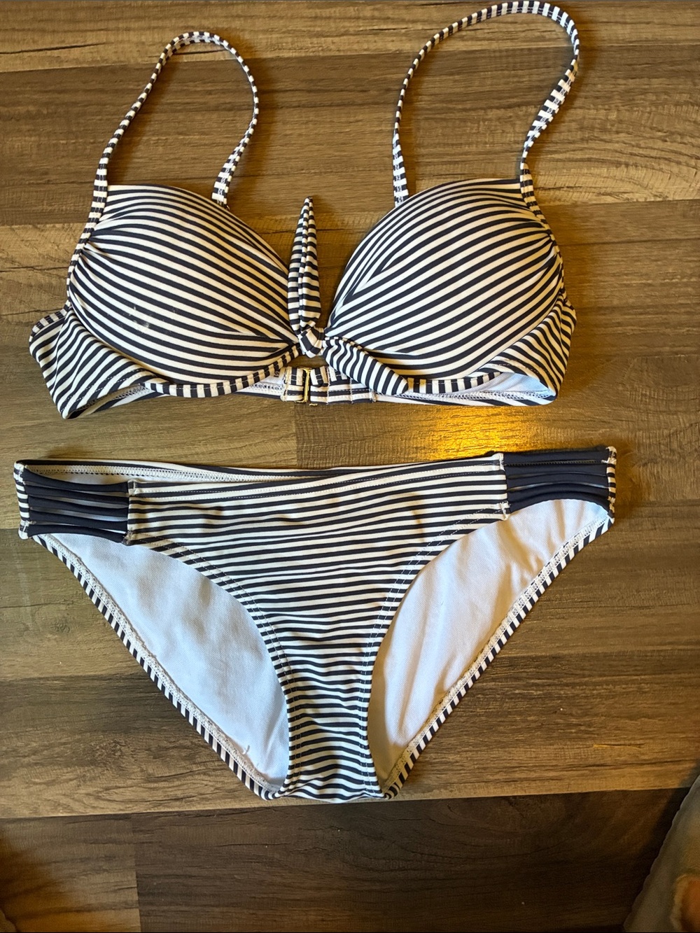 Candie's Navy and White Striped Bikini Top and Bottom- Size Medium